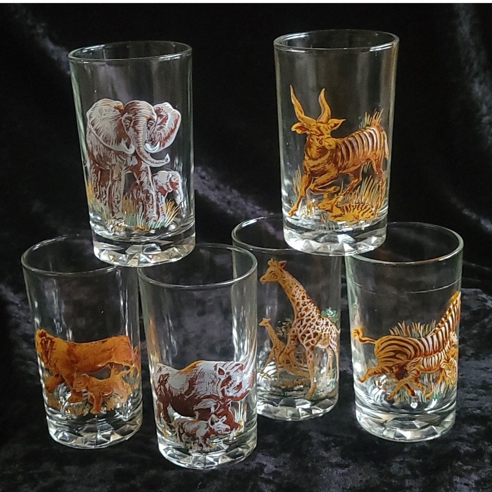 6 Vtg African Safari Animal Juice Pasabahce Glasses Lion Elephant Giraffe Rhino
